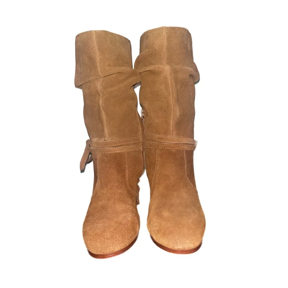 Slouchy Suede Wedge Boots – Boho Chic Western Style midi height Y2K